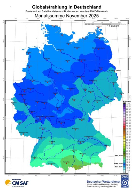 Zu sehen ist eine Deutschland-Karte mit der Sonneneinstrahlung in Deutschland im November 2025.