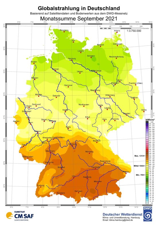 Zu sehen ist eine Karte mit der Sonneneinstrahlung in Deutschland im September 2021.