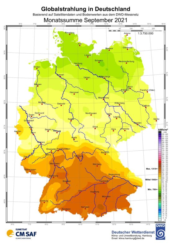Zu sehen ist eine Karte mit der Sonneneinstrahlung in Deutschland im September 2021.