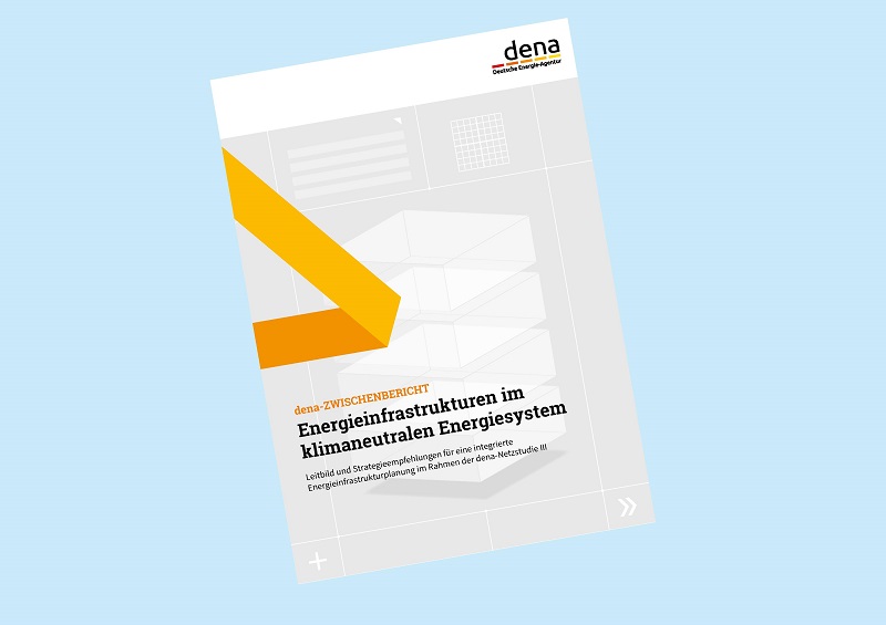 Zu sehen ist das Deckblatt vom Dena-Zwischenbericht zur Netzstudie III „Energieinfrastrukturen im klimaneutralen Energiesystem“.