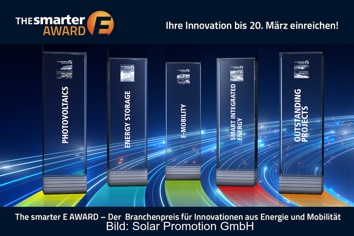Eine Grafik, die in bunten Farben die fünf Kategorien des The smarter E Awards 2026 zeigt.