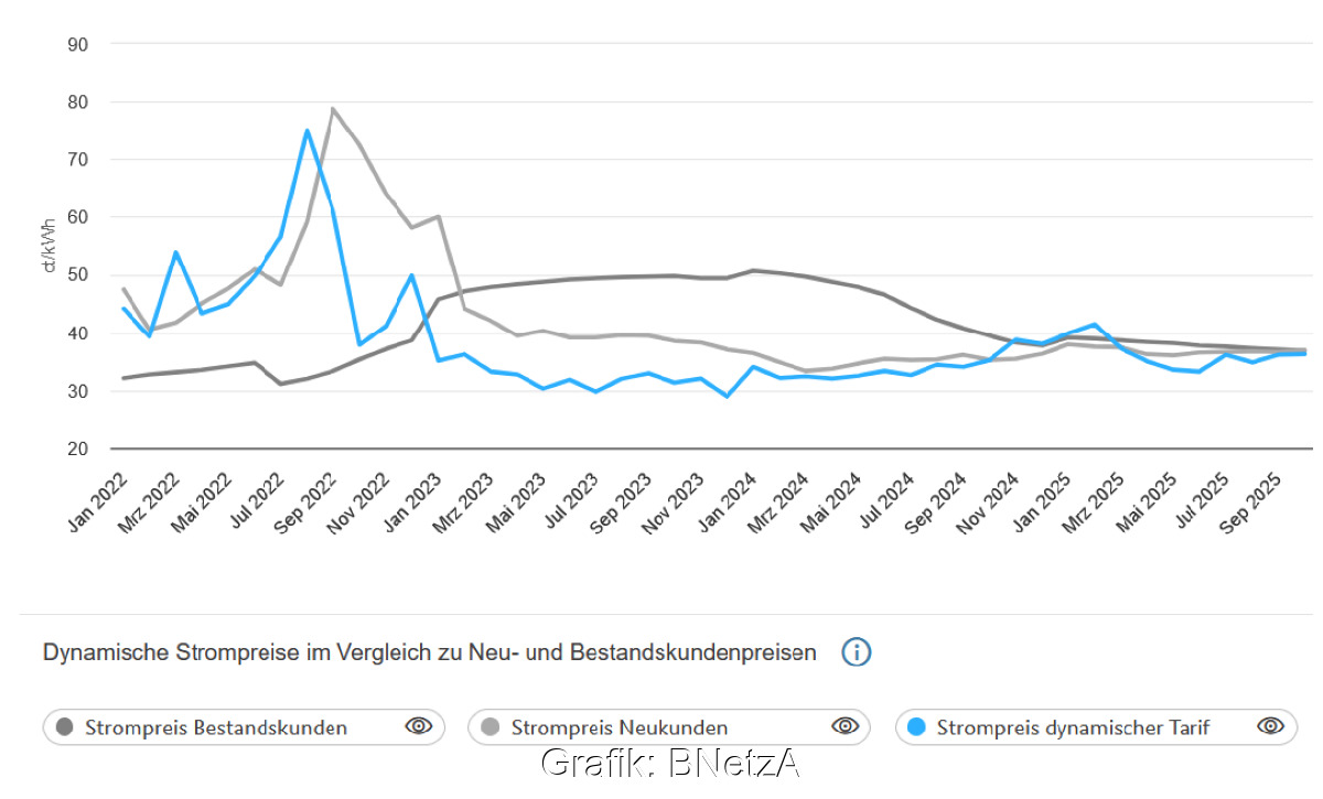 Grafik zeigt Verlauf dynamischer Strompreise im Vergleich zu Fixstrom für Neu- und Bestandskunden