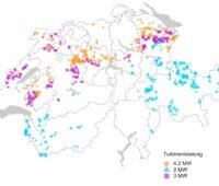 Zu sehen ist eine Landkarte, die die optimale Verteilung von Windkraftstandorten gemäß dem aktuellen Windenergie-Konzept der Schweiz zeigt.