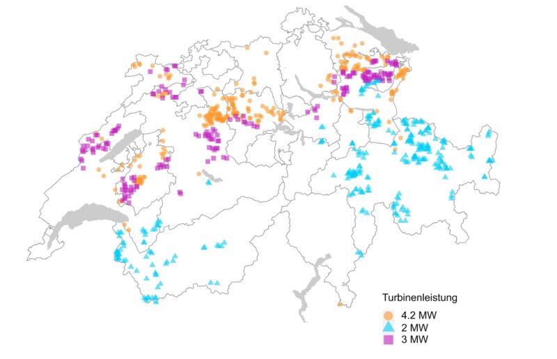 Zu sehen ist eine Landkarte, die die optimale Verteilung von Windkraftstandorten gemäß dem aktuellen Windenergie-Konzept der Schweiz zeigt.