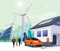 Zeichnung mit Haus und E-Auto vor Windenergie- und Photovoltaik-Anlagen, Flexibilität von Wärmepumpen und Elektroautos entlastet Schweizer Stromnetz der Zukunft.