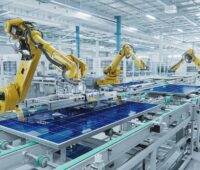 Das Bild zeigt eine Photovoltaik-Fertigungsstraße mit gelben Roboterarmen. Die Fertigungshalle ist clean, hell ausgeleuchtet mit Konstruktionstischen in grau, auf denen blauschimmernde PV-Module liegen.