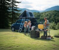 Szene einer Familie, in der Vater mit einem Batteriespeicher einen Grill betreibt.