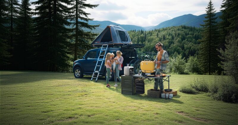 Szene einer Familie, in der Vater mit einem Batteriespeicher einen Grill betreibt.