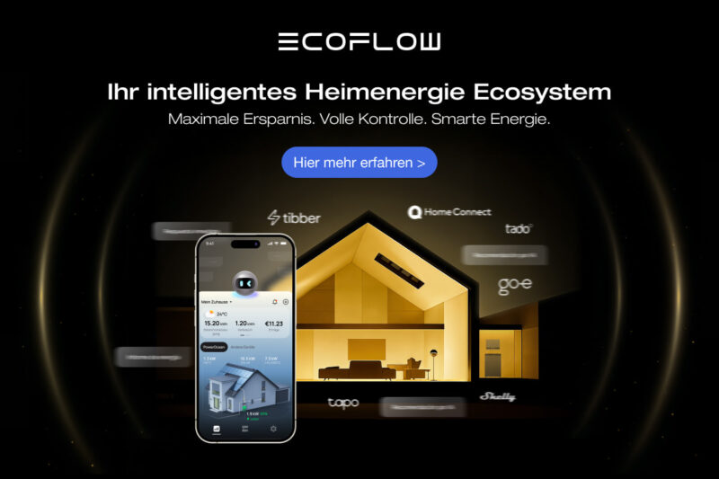 Text: Ecoflow: Ihr intelligentes Heimenergie Ecosystem. Maximale Ersparnis. Volle Kontrolle. Smarte Energie. Hier mehr erfahren.
