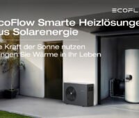 Zu sehen sind die neue Luft-Wasser-Wärmepumpe EcoFlow PowerHeat und der Smart Heizstab EcoFlow PowerGlow. Text: Ecoflow Smarte Heizlösungen aus Solarenergie. Die Kraft der Sonne nutzen. Bringen Sie Wärme in Ihr Leben.