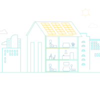 Grafik zeigt Haus mit PV-Modulen und Wohnungen - Symbolbild für Kundenanlage beim Mieterstrom.