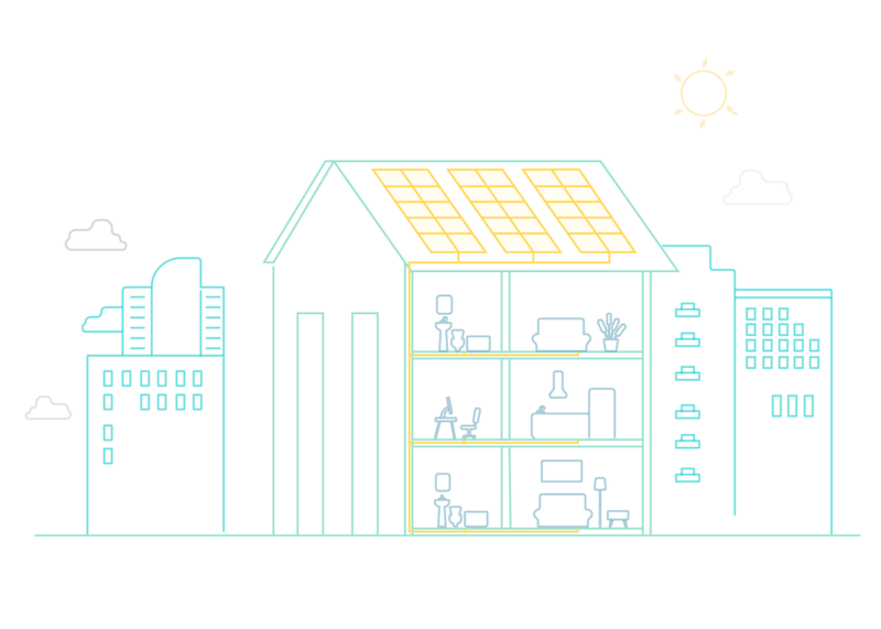 Grafik zeigt Haus mit PV-Modulen und Wohnungen - Symbolbild für Kundenanlage beim Mieterstrom.