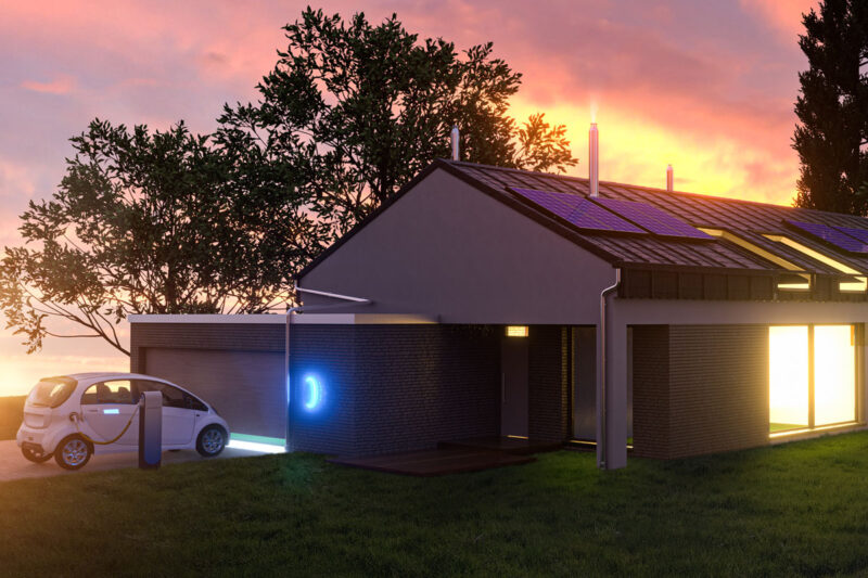 Haus mit Photovoltaikanlage vor rotem Abendhimmel. Im Vordergrund lädt ein Elektroauto