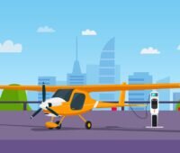 Eine Grafik zeigt ein Elektroflugzeug an einer Ladesäule, Elektroflugzeuge in der Pilotenausbildung sind das Ziel von Bye Aerospace aus den USA.