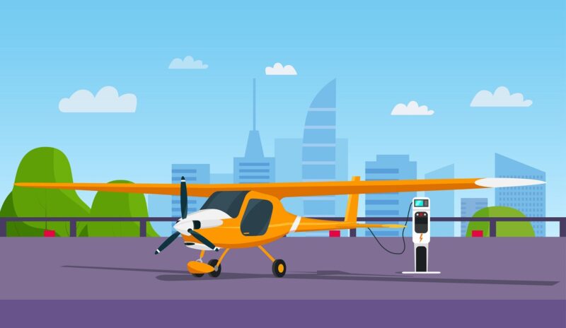 Eine Grafik zeigt ein Elektroflugzeug an einer Ladesäule, Elektroflugzeuge in der Pilotenausbildung sind das Ziel von Bye Aerospace aus den USA.