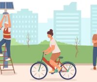 Eine Zeichnung mit Menschen und Photovoltaik-Modulen, Schweizer Forscher schlagen eine solare Grundversorgung vor.