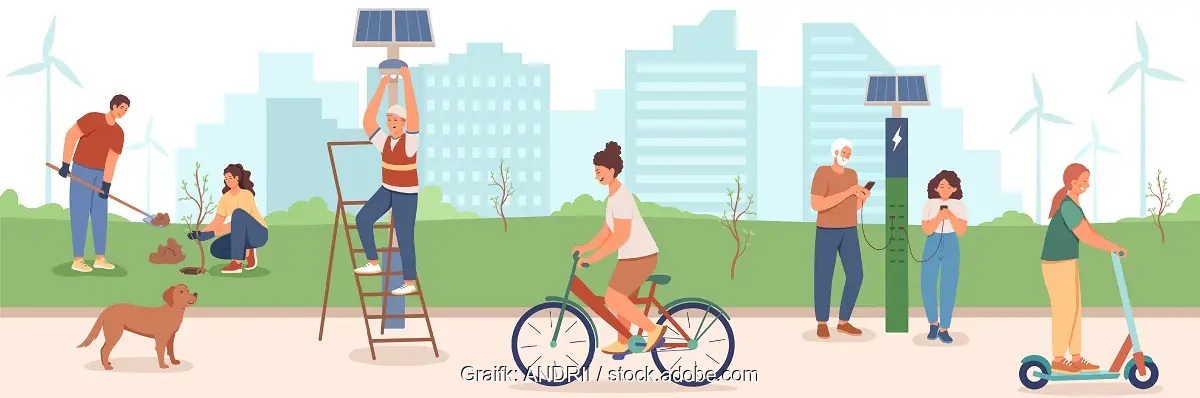 Eine Zeichnung mit Menschen und Photovoltaik-Modulen, Schweizer Forscher schlagen eine solare Grundversorgung vor.