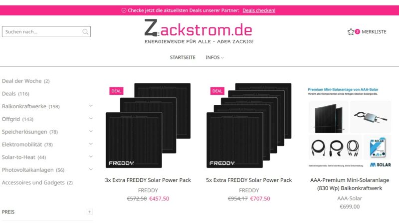 Im Bild die neue Vergleichs- und Verkaufsportal Zackstrom.de für Balkonkraftwerke und andere Photovoltaik-Produkte zu sehen.