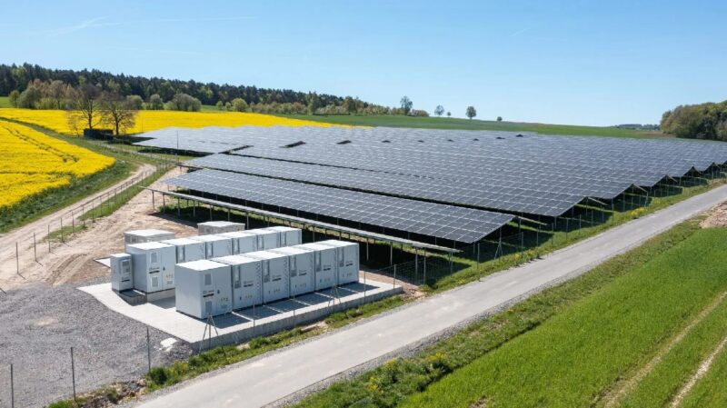 Rapsfeld neben einer PV-Anlage sowie Batteriespeichern.