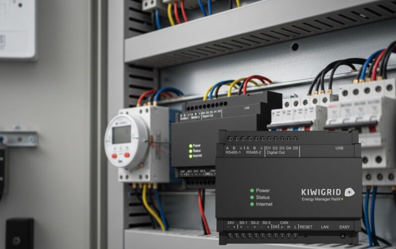 Gerät für Energiemanagement vor einem Schaltschrank.