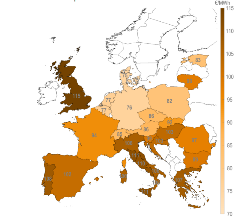 Europakarte zeigt Marktwerte der PV für jedes einzelne Land