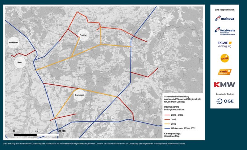 Im Bild eine Karten, die das geplante Wasserstoff-Regionalnetz Rh2ein-Main Connect zeigt.