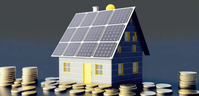 Zeichnung eines Hauses mit Photovoltaik-Anlage und Geldmünzen, der Solarertrag im Bundesländer-Vergleich war im ersten Halbjahr 2025 im Saarland am größten.