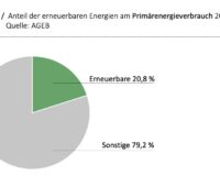 Kreisdiagramm zum Primärenergieverbrauch 2025: Erneuerbare Energien haben einen Anteil von 20,8 Prozent, sonstige Energieträger 79,2 Prozent.