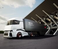 Zu sehen ist eine Amination eines Lkw der Zukunft in der Mobilität mit erneuerbaren Energien.