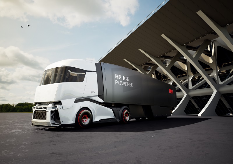 Zu sehen ist eine Amination eines Lkw der Zukunft in der Mobilität mit erneuerbaren Energien.