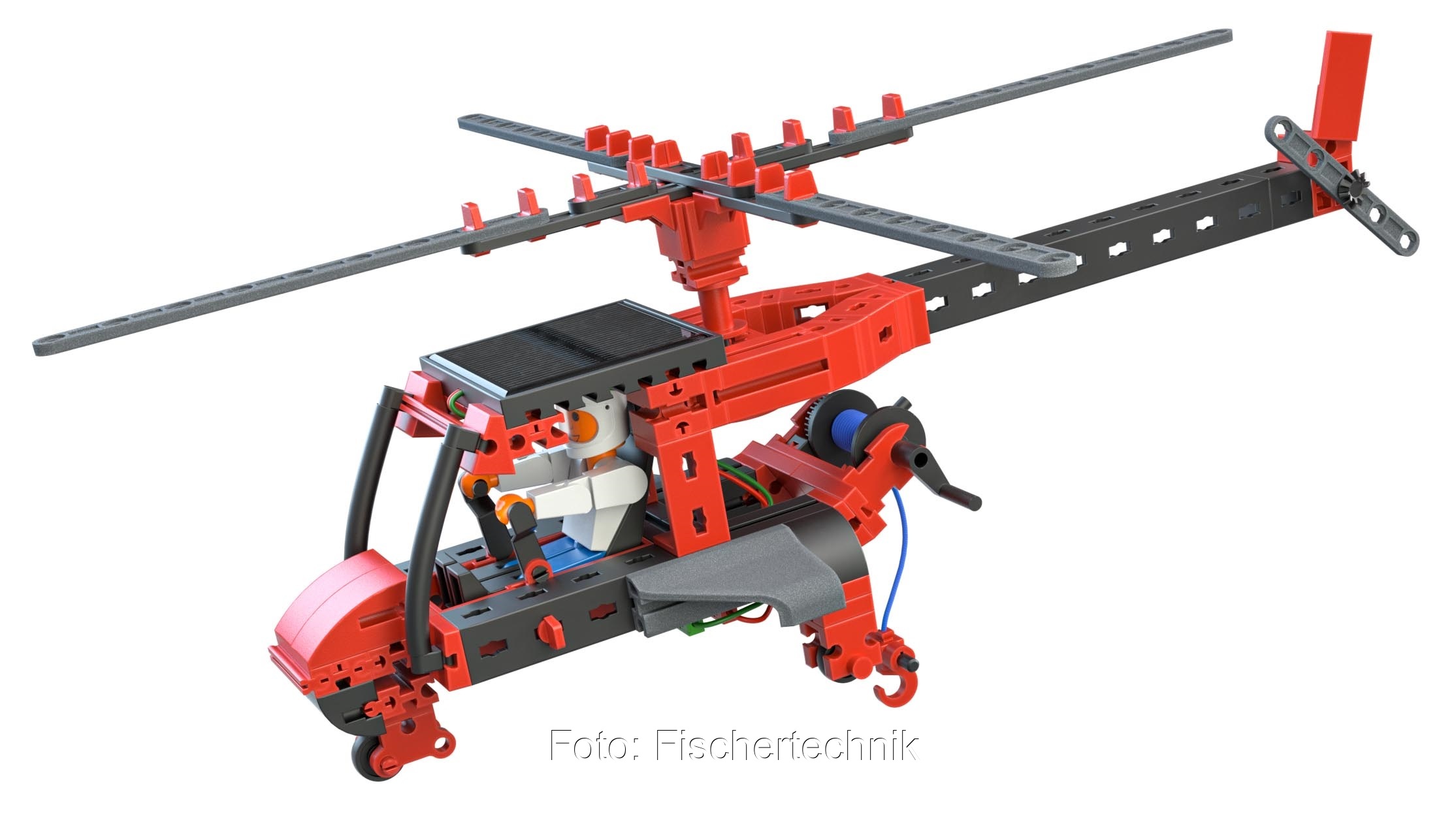Zu sehen ist der Hubschrauber, der mit dem Fischertechnik Baukasten Solar Power gebaut werden kann.