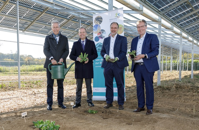Zu sehen sind Staatssekretär Thomas Rachel vom Bundesministerium für Bildung und Forschung und andere Offizielle beim Richtfest für die Agri-Photovoltaik-Anlage, die im Rahmen von Bioökonomie Revier eingeweiht wurde.