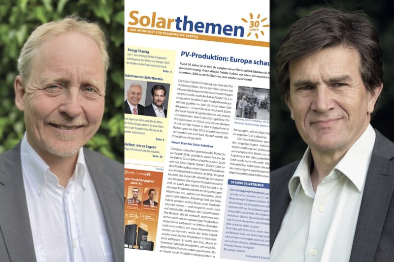 Zwei Portraitbilder links und rechts von Andreas Witt und Guido Bröer. In der Mitte ein Ausschnitt vom Titelbild der Solarthemen-Ausgabe 600, 30 Jahre nach Start des Medienprojektes.