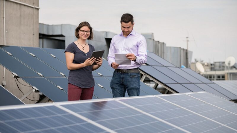 Zu sehen sind Studierende zwischen Photovoltaik-Modulen. Der Master-Studiengang Renewable Energy an der Frankfurt UAS vermittelt Fachkompetenz im Bereich erneuerbare Energien und Energietechnik.