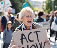 Frau protestiert mit-Pappschild auf einer Demonstration fuer Klimaschutz