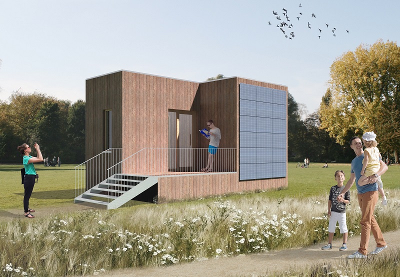 Zu sehen ist der Entwurf des Siegerteams „the holistic“ von außen. Bei dem Wettbewerb ging es um energieautonome Tiny Houses.