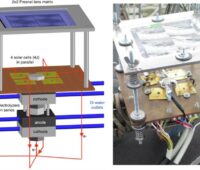 Graphische Darstellung und Foto des Konzentrator-PV getriebenen Elektrolyseurs.