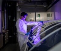 Wissenschaftler an einer Galvanikanlage zur Metallisierung von Solarzellen.