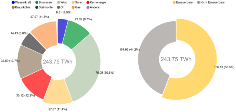 Zu sehen ist eine Grafik, die die Anteile der verschiedenen Energieträger zur Nettostromerzeugung im ersten Halbjahr 2020 zeigt.