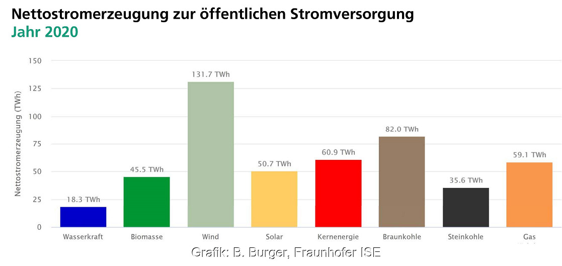 Zu sehen ist eine Grafik, die den Strommarkt in Deutschland 2020 zeigt.