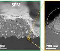 Zu sehen ist eine Rasterelektronenmikroskopie (SEM) und eine Transmissionselektronenmikroskopie (TEM) der Kontaktstelle der PERC-Solarzelle, die die Forscher:innen für eine leistungsfähigere Photovoltaik optimiert haben