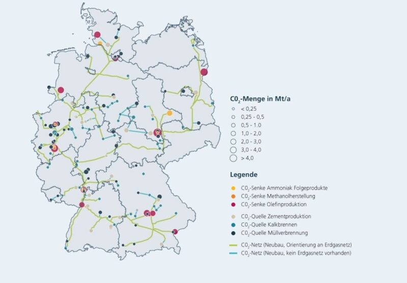 Eine Deutschlandkarte zeigt ein mögliches CO2-Transportnetz für das Jahr 2045.