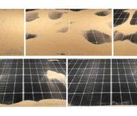 Mehrere Fotos zeigen die schrittweise Reinigung von Photovoltaik-Modulen von Sand durch Körperschall.
