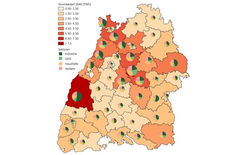 Im Bild ein Landkarte von Baden-Württemberg aus der BW-Stromstudie, die den Strombedarf im Jahr 2040 zeigt.