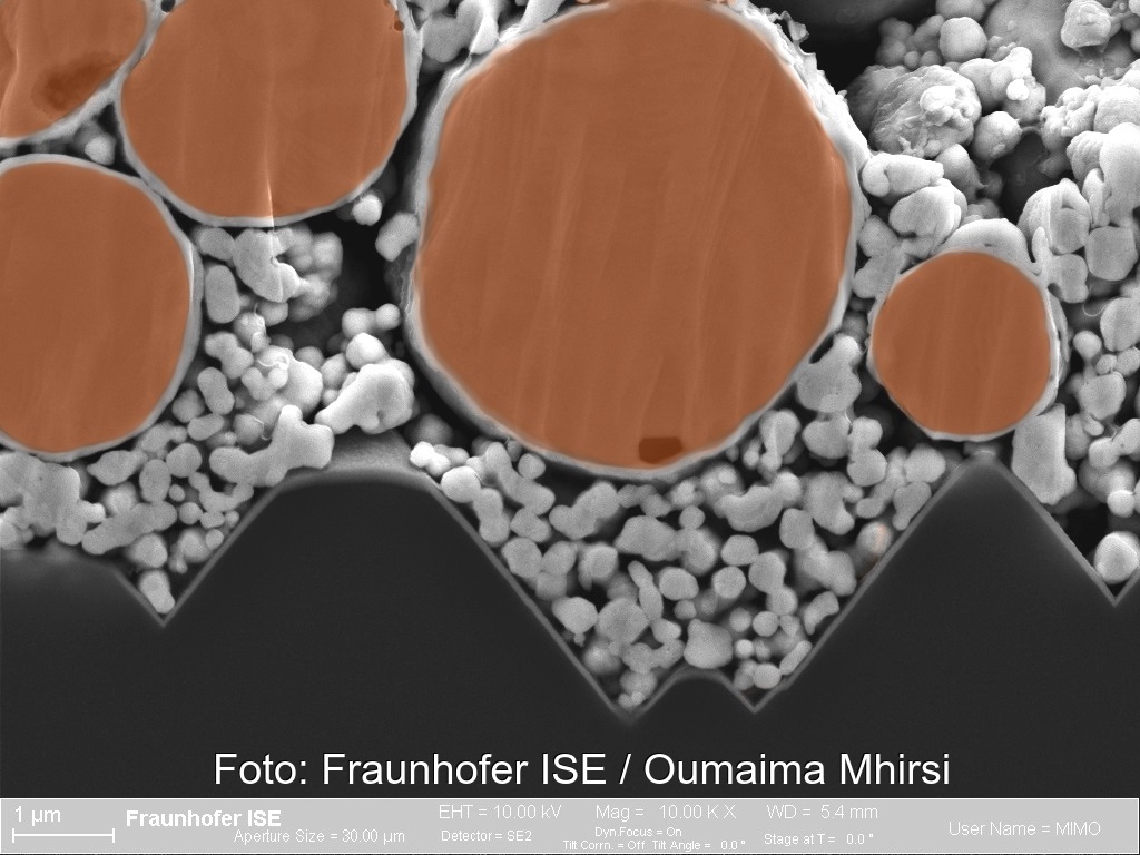 Im Bild eine Rasterelektronenmikroskop-Aufnahme, die silberarme Silizium-Heterojunction-Solarzellen zeigt.