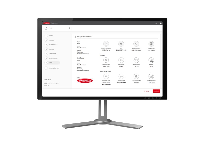 Zu sehen ist der Fronius Solar.creator, ein Online-Konfigurationstool für Photovoltaik-Anlagen.