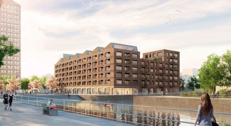 Rendering zeigt den Entwurf eines neuen Quartiers mit Gewerbeblöcken am Wasser sowie flanierenden Menschen.