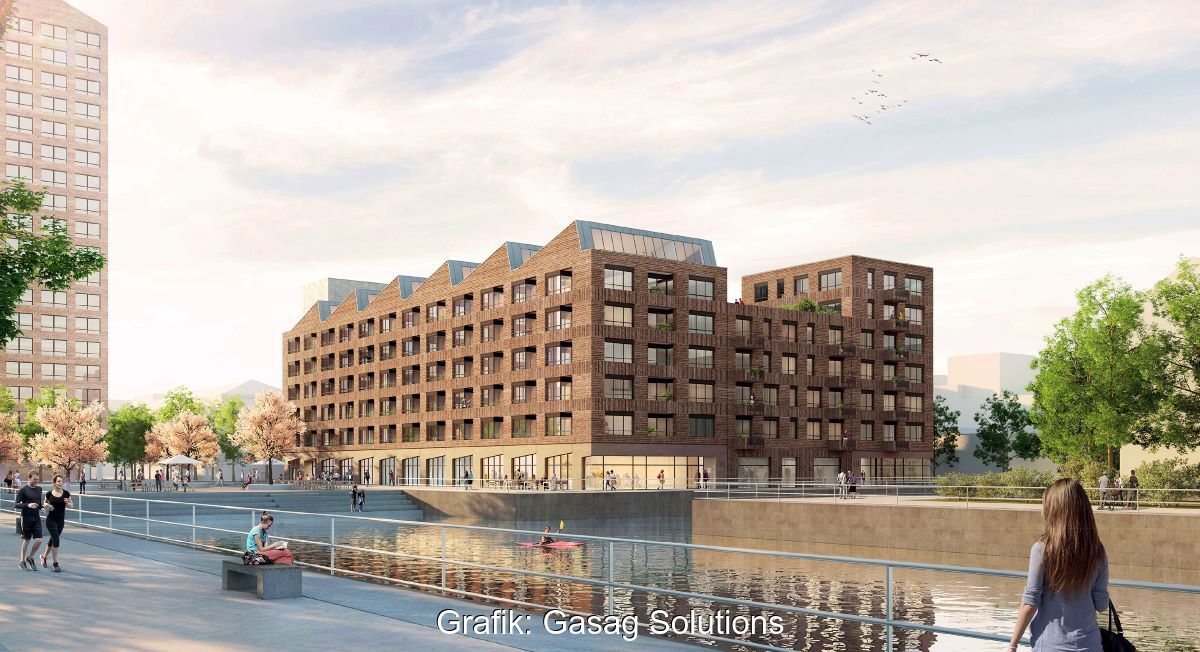 Rendering zeigt den Entwurf eines neuen Quartiers mit Gewerbeblöcken am Wasser sowie flanierenden Menschen.