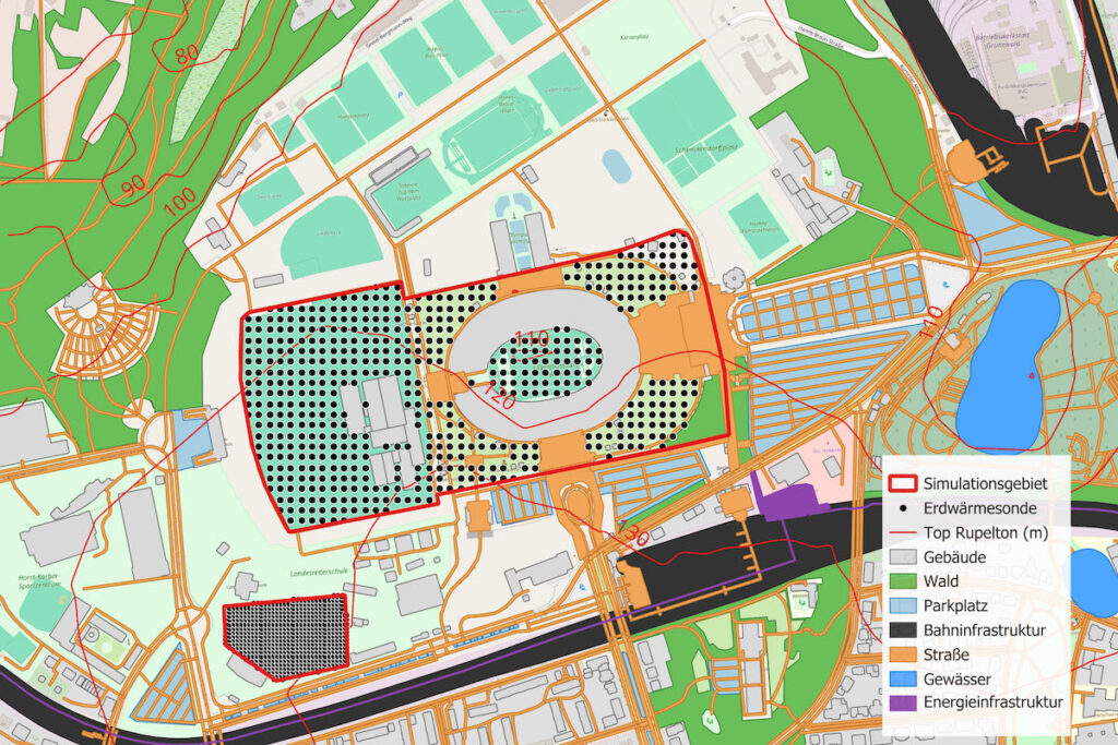 Karte des Berliner Olympiaparks mit zwei rot umrandeten Simulationsgebieten. Schwarze Punkte markieren mögliche Standorte für Erdwärmesonden: ein großes Feld rund um das Olympiastadion und ein kleineres südwestlich davon. Gebäude, Wege und weitere Flächen sind ebenfalls eingezeichnet.