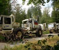 Drei helle Vibro-Trucks von DMT stehen hintereinander auf einem schmalen Weg in einem Waldstück.